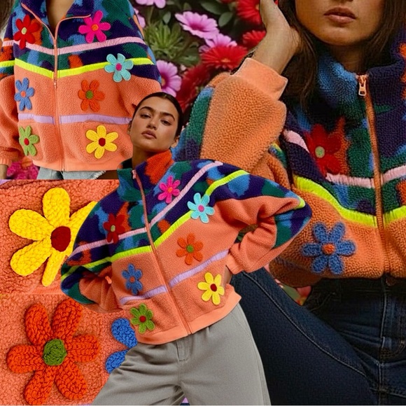 NEW BiBi Boutique Crochet Patch Floral Teddy Bomber Jacket Zip Shacket SAMPLE - Picture 5 of 16